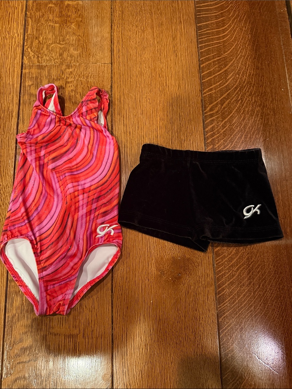 GK Pink and Red Swirl Leotard with Black Shorts